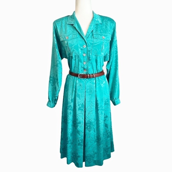 Vintage 80s Leslie Fay Teal Floral Embossed Jacquard Satin Pleated Shirt Dress - Picture 2 of 15